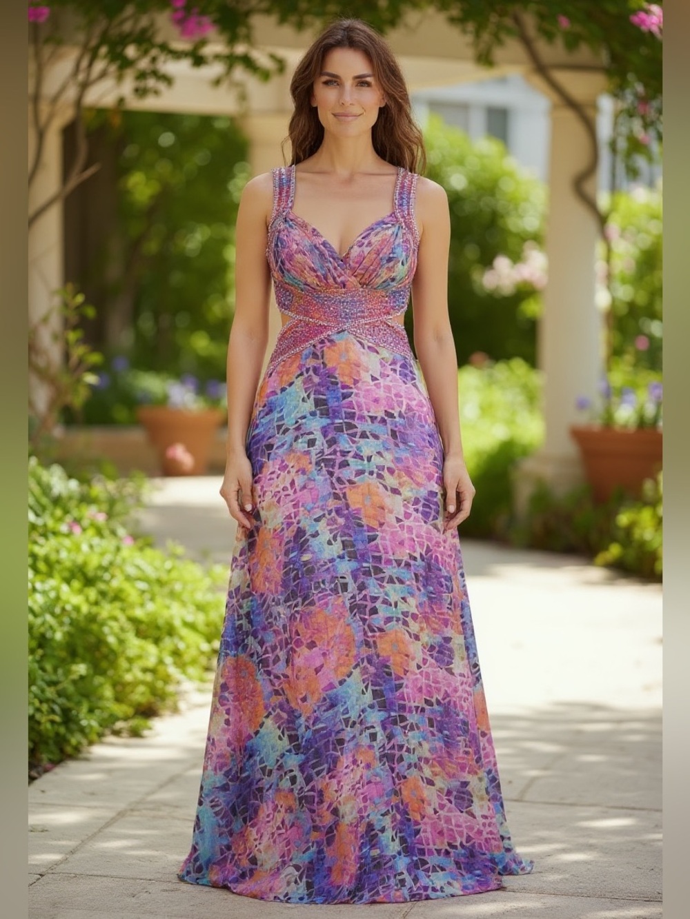 Y2K HAILEY LOGAN ADRIANNA PAPEL SATIN BOLD STAIN GLASS MAXI GOWN W TRAIN SZ 10